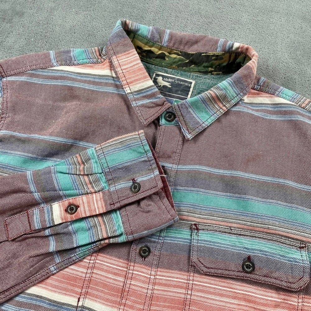 Modern Amusement Men's Lg Button Down Shirt Striped Long Sleeve Burgundy Teal